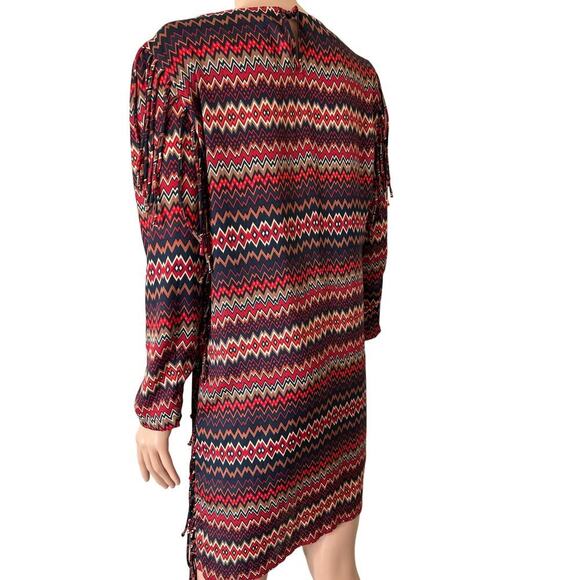 Zara Woman Dress Red Multicolor Chevron Stripes Long Sleeve Shift Fringe SZ M - Picture 7 of 8